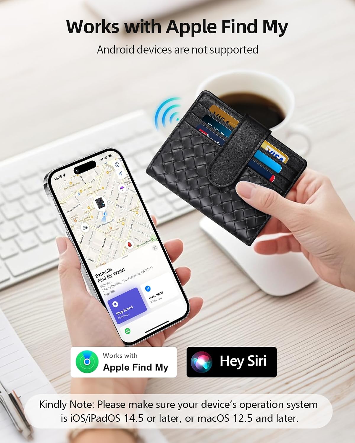 Smart Women Wallet with Find My, Wallet Tracker, RFID Blocking Bifold Credit Card Holder, Left-Behind Alerts, Play Sound, Anti-Loss, Wireless Rechargeable, Works with iPhone, iPad, Mac, Black