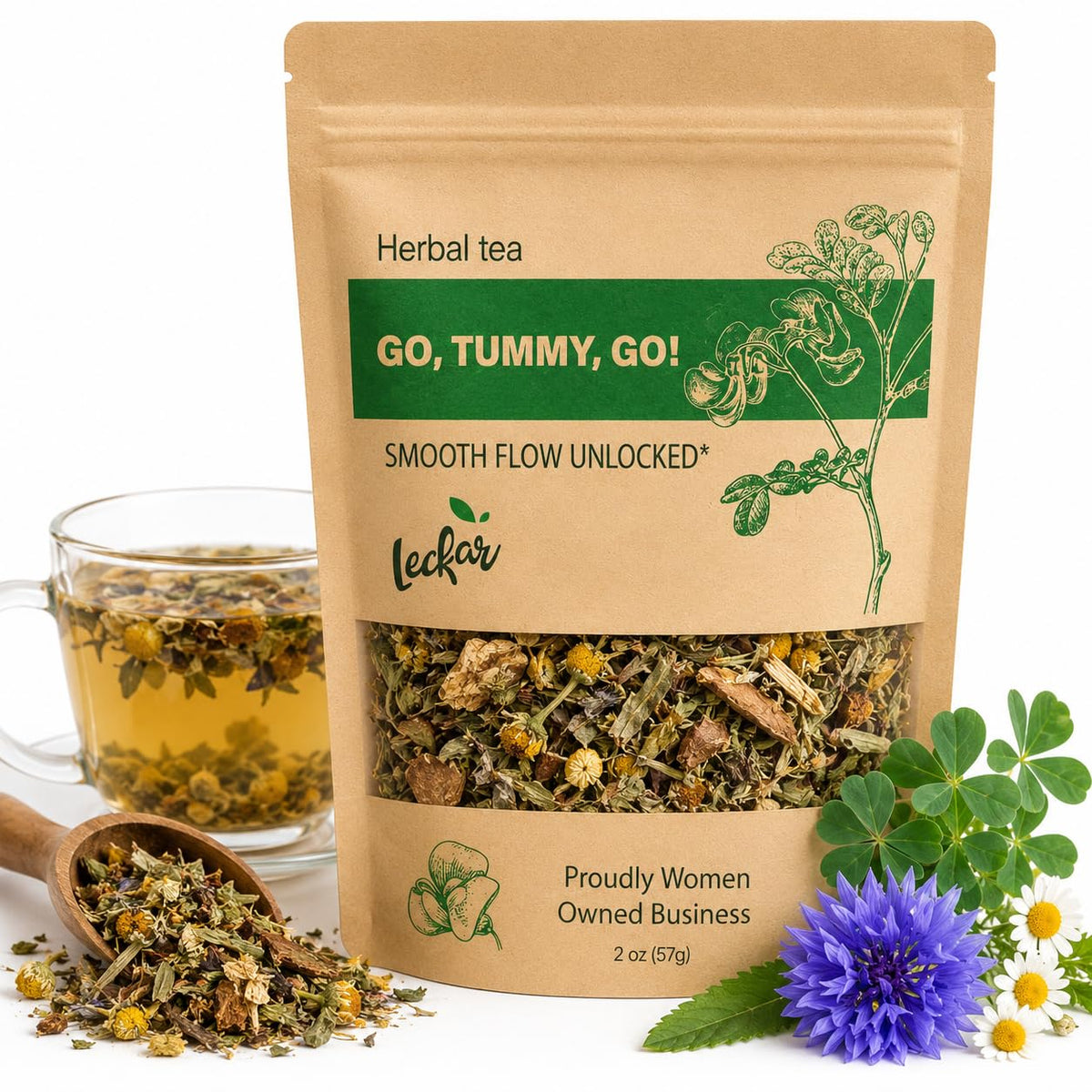 Leckar Go Tummy Go Herbal Tea – Natural Digestive Support & Bloating Relief – Gentle Detox & Regularity Blend with Senna, Fennel & Dandelion – Caffeine-Free – 2 oz