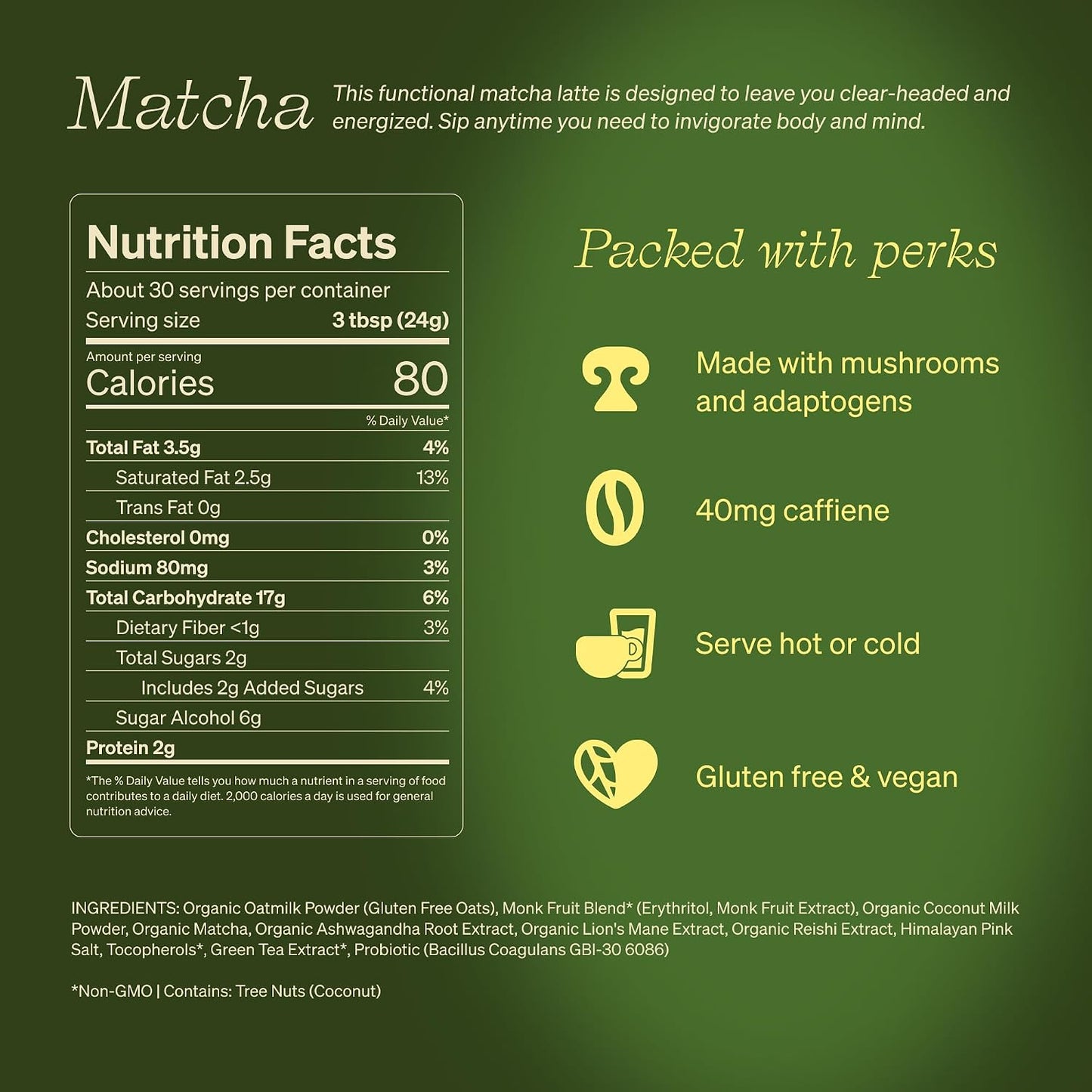 Clevr Pistachio Matcha SuperLatte, Organic Ceremonial Grade, Instant Superfood Powder Blend with Lions Mane, Reishi Mushroom, Coconut Cream, Ashwagandha, Serve Hot or Iced (14 Lattes)