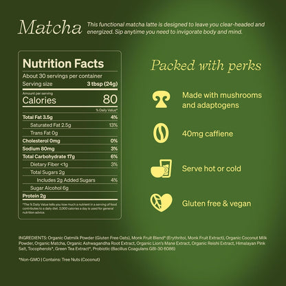 Clevr Pistachio Matcha SuperLatte, Organic Ceremonial Grade, Instant Superfood Powder Blend with Lions Mane, Reishi Mushroom, Coconut Cream, Ashwagandha, Serve Hot or Iced (14 Lattes)