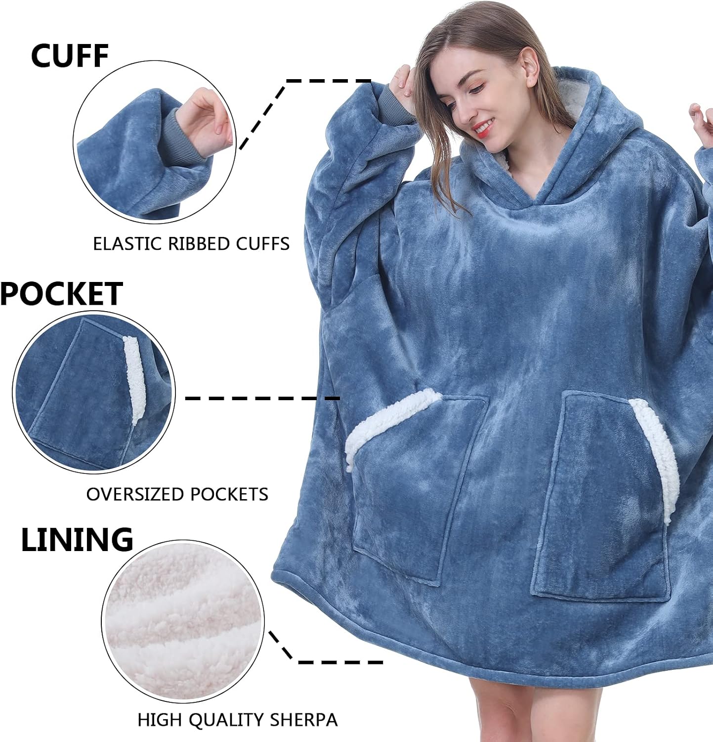 Kipswiza Wearable Blanket Hoodie Gifts for Women and Men, Oversized Cozy Warm Flannel Sherpa Hooded Blankets Sweatshirt with Giant Pockets for Adult and Teens, Dark Gray