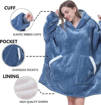 Kipswiza Wearable Blanket Hoodie Gifts for Women and Men, Oversized Cozy Warm Flannel Sherpa Hooded Blankets Sweatshirt with Giant Pockets for Adult and Teens, Dark Gray