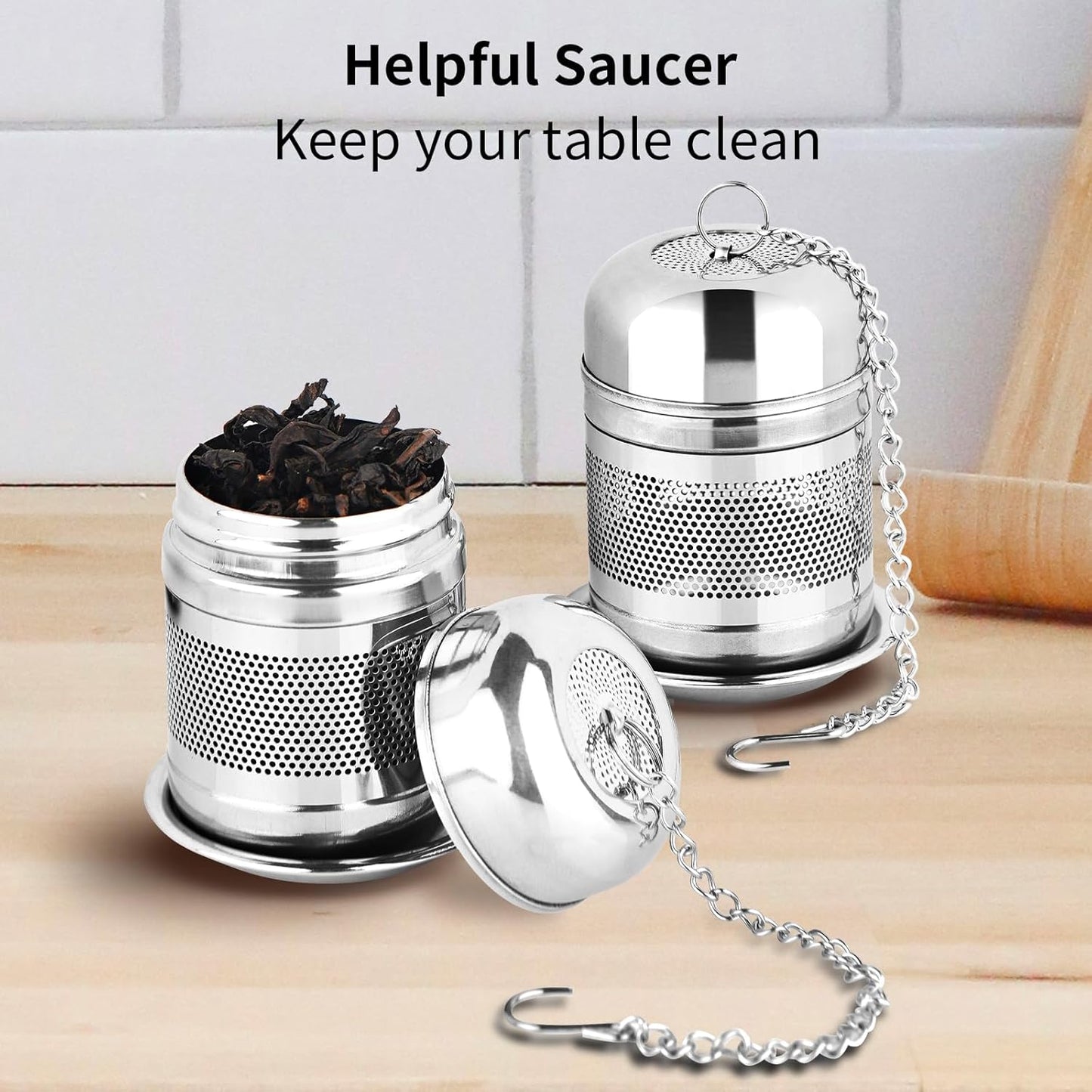Fri4Free 2PCS Tea Infuser Strainer - Stainless Steel Strainers for Loose Leaf Tea, Steeper, Fine Mesh Ball holder with Chain Hook and Lid, Reusable Filter Bags Diffusers