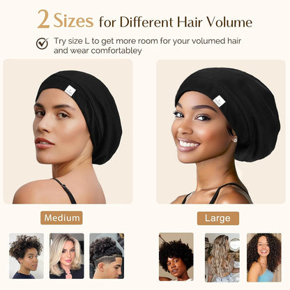 YANIBEST Hair Cover Bonnet Satin Sleep Cap - Adjustable Stay on Silk Lined Slouchy Beanie for Night Sleeping Surgical Hats Pure Black