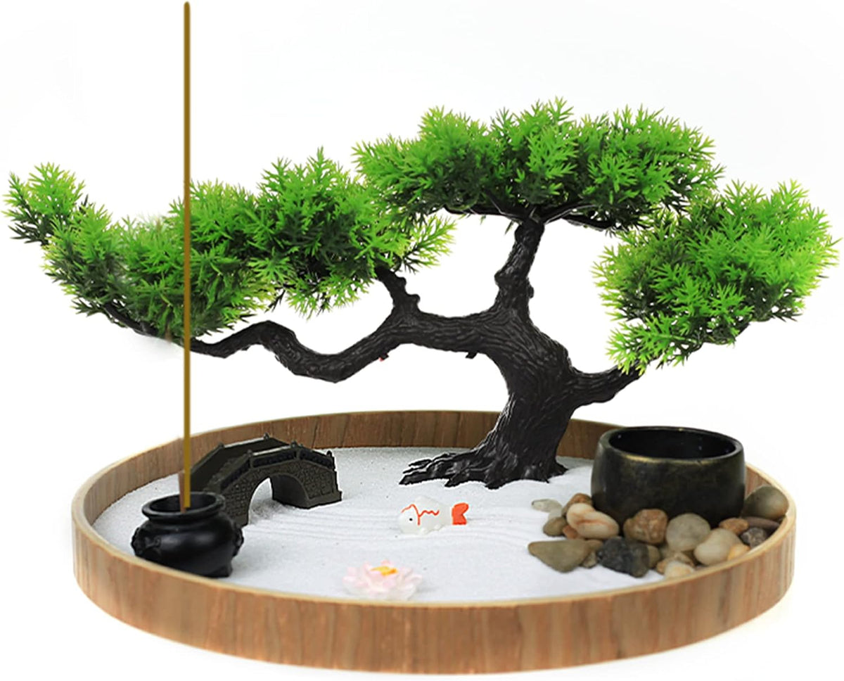 Timani Japanese Zen Garden for Desk - Zen Garden Sand Kit, Artificial Bonsai Tree, Rakes & Accessories - Japanese Decor Office Home Desktop Relaxation Sandbox Decor. 9.5" Inches Wooden Round Tray