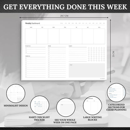 Weekly Dashboard To-Do List Notepad – Undated Weekly Planner with Habit Tracker & Notes – Minimalist A4 Layout for Productivity, Organization & Time Management (Colorful)