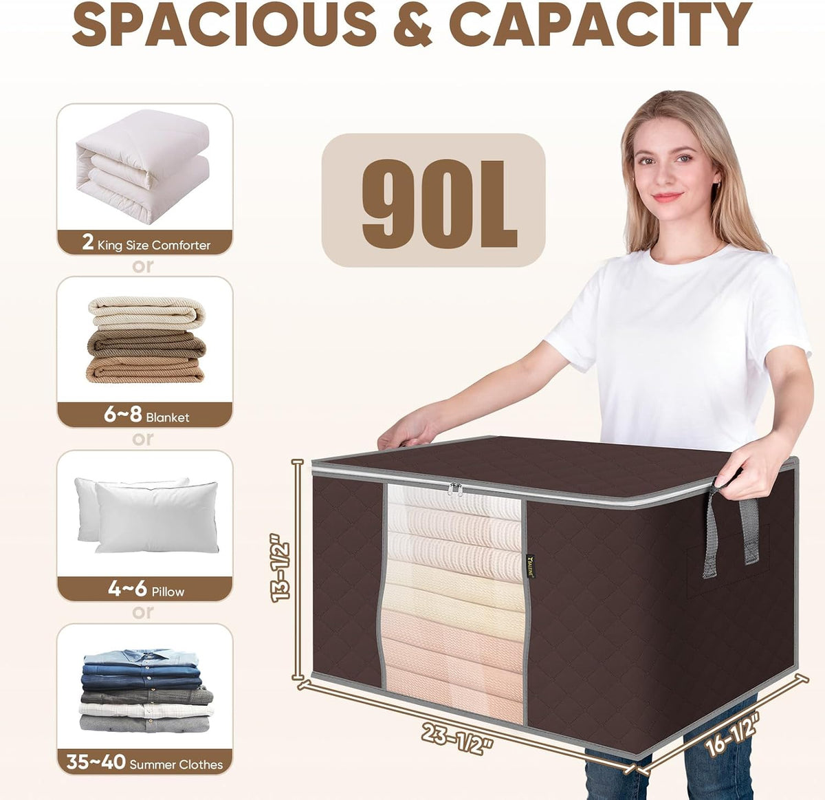 BALEINE Clothes Storage Bags, 24 Gallon Storage Containers with Reinforced Handle, Sturdy Zipper, Closet Organizer for Blanket, Comforter, Pillow, Bedding (Brown)