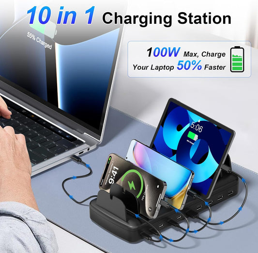 510W Charging Station for Multiple Devices, 10 Ports Charger Organizer