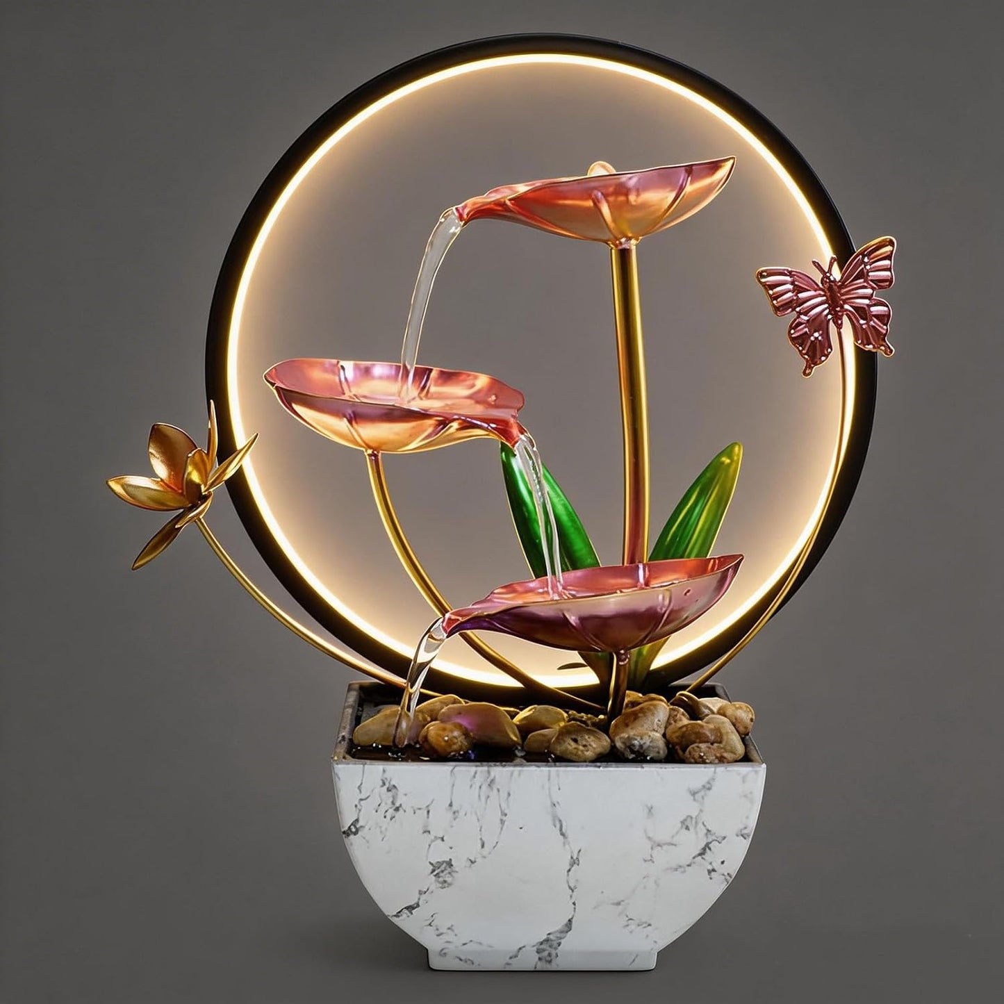 11‘’ H Gold Tabletop Water Fountain, Zen Desktop Waterfall, Indoor Lotus Desktop Decorative Fountain, Home Bathroom Bedroom Decor.