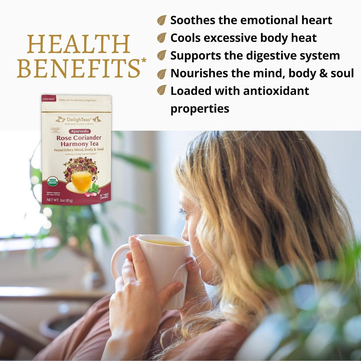 DelighTeas Organic Rose Coriander Harmony Tea | Ayurvedic Loose Leaf Herbal Tea | 60 Servings, 3oz. | Caffeine-free, Sugar-free, Non-GMO, Keto, Vegan | Calming, Cooling Digestive Support