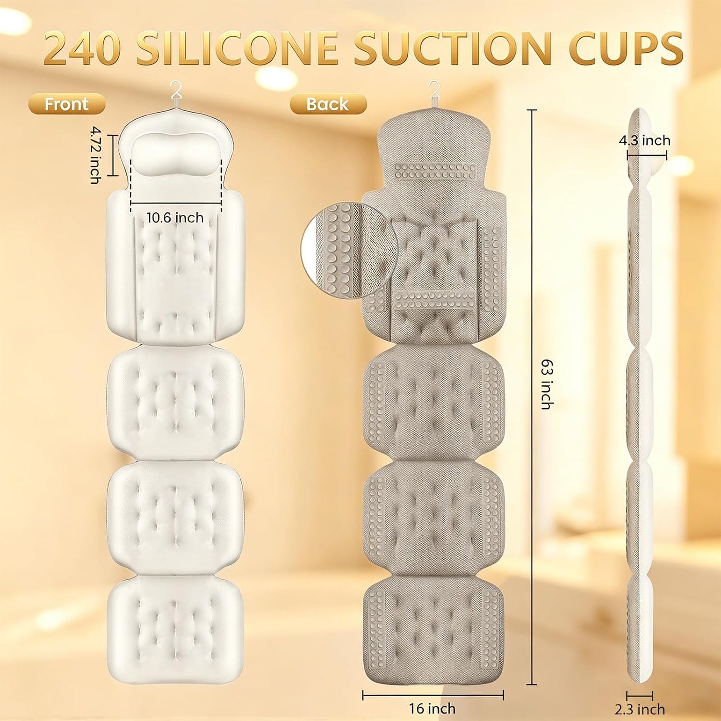 Full Body Bath Pillow, Luxury Bath Cushion with 192 Suction Cups, Bath Pillows for Tub for Head and Neck Support, with Laundry Bag White, 51" x 16"