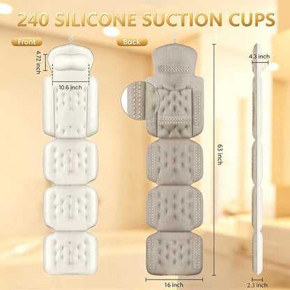 Full Body Bath Pillow, Luxury Bath Cushion with 192 Suction Cups, Bath Pillows for Tub for Head and Neck Support, with Laundry Bag White, 51" x 16"
