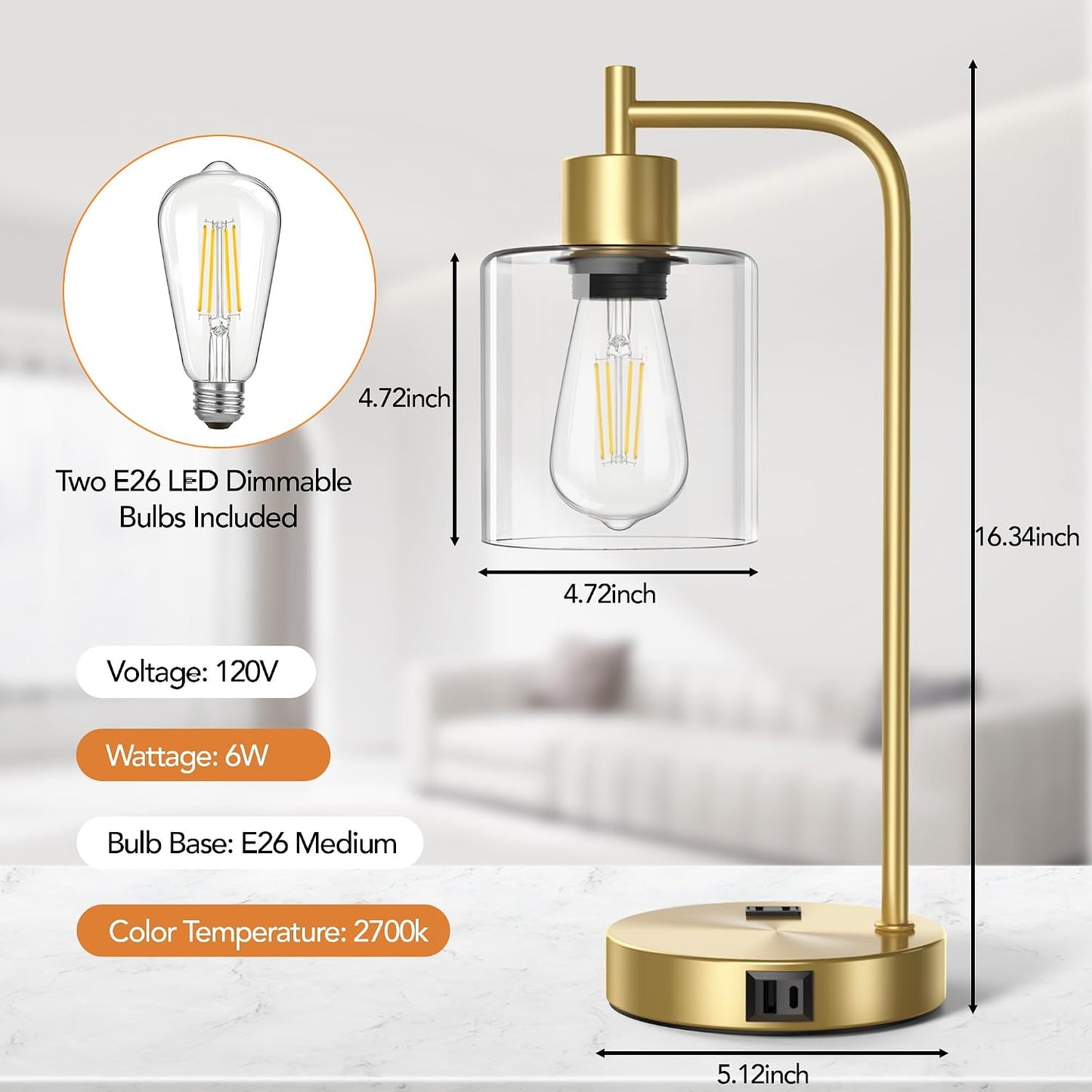 QiMH Industrial Table Lamp for Bedroom Set of 2, Green Glass Beside Lamp with USB A&C Ports, Stepless Dimmable Gold Lamps, Nightstand Lamps for Living Room, Office, Home Decor(Bulb Included)