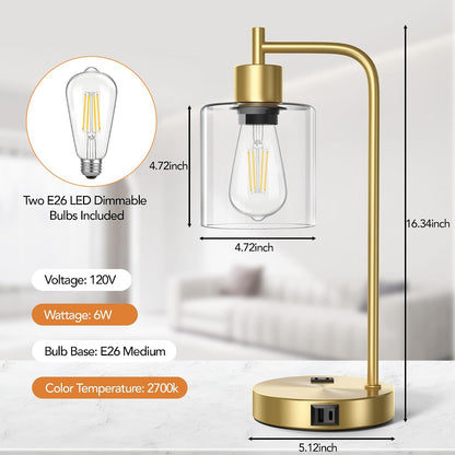 QiMH Industrial Table Lamp for Bedroom Set of 2, Green Glass Beside Lamp with USB A&C Ports, Stepless Dimmable Gold Lamps, Nightstand Lamps for Living Room, Office, Home Decor(Bulb Included)