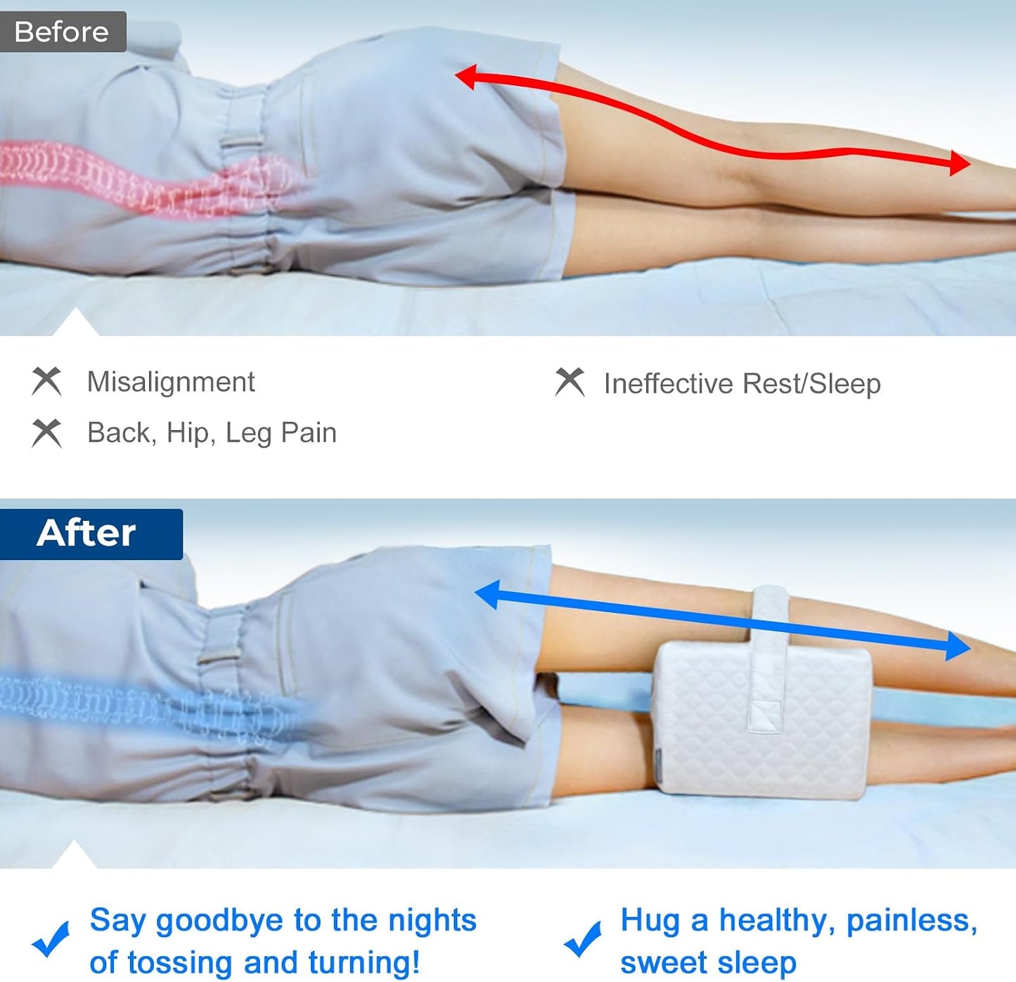 KingPavonini Cooling Knee Pillow for Side Sleepers, Gel Memory Foam Leg Pillows for Side Sleeping with Ice Silk Cover and Strap, Knee Pillow for Back Hip Pain, Spine Aligning, Sciatica, Pregnancy