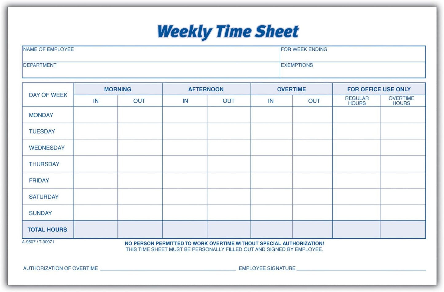 Adams Weekly Time Sheet, 1-Part, 5.5 x 8.5 Inches, Blue/White, 100 Sheets Per Pad, 2 Pack (9507ABF)
