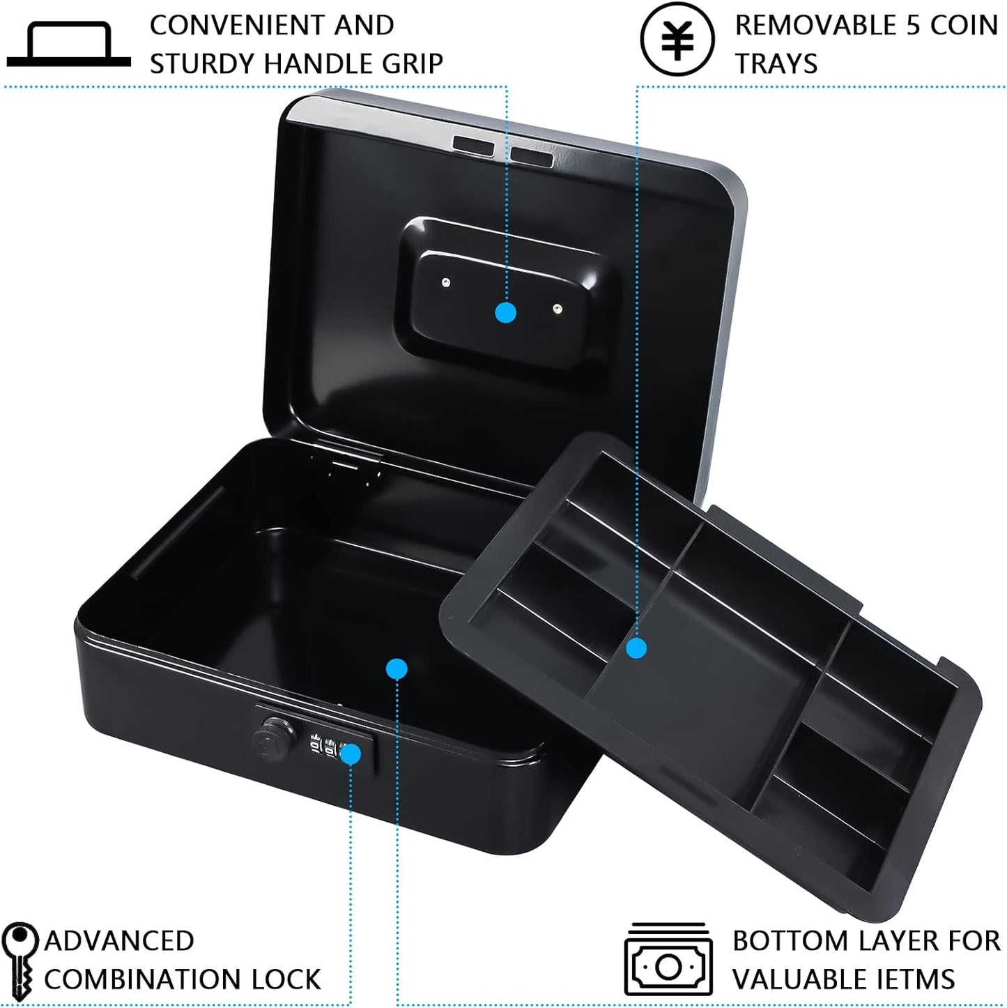 KYODOLED Small Cash Box with Combination Lock & Removable Money Tray, Black