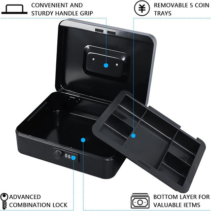 KYODOLED Small Cash Box with Combination Lock & Removable Money Tray, Black
