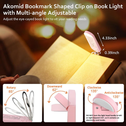 Akomid USB Rechargeable Book Light for Reading in Bed, 8 LEDs Bookmark Style Clip on, Eye-Cared Amber Light Mode for Kids, Blue Light Blocking, Stepless Dimming,Khaki