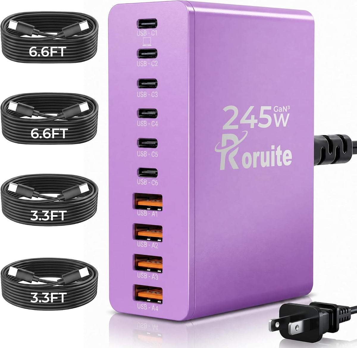 USB C Charging Station 10 Port with 4 Cables,245W GaN Charger Block