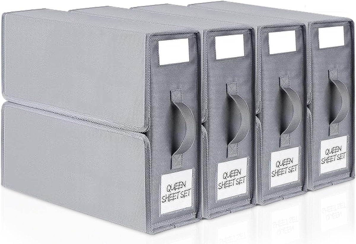 Bed Sheet Organizers and Storage, 4 Pack Sheet Folder Organizer, Linen Closet Organizer for Bedding Sheets, Duvet Covers and Pillow cases, Grey
