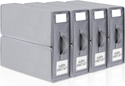 Bed Sheet Organizers and Storage, 4 Pack Sheet Folder Organizer, Linen Closet Organizer for Bedding Sheets, Duvet Covers and Pillow cases, Grey