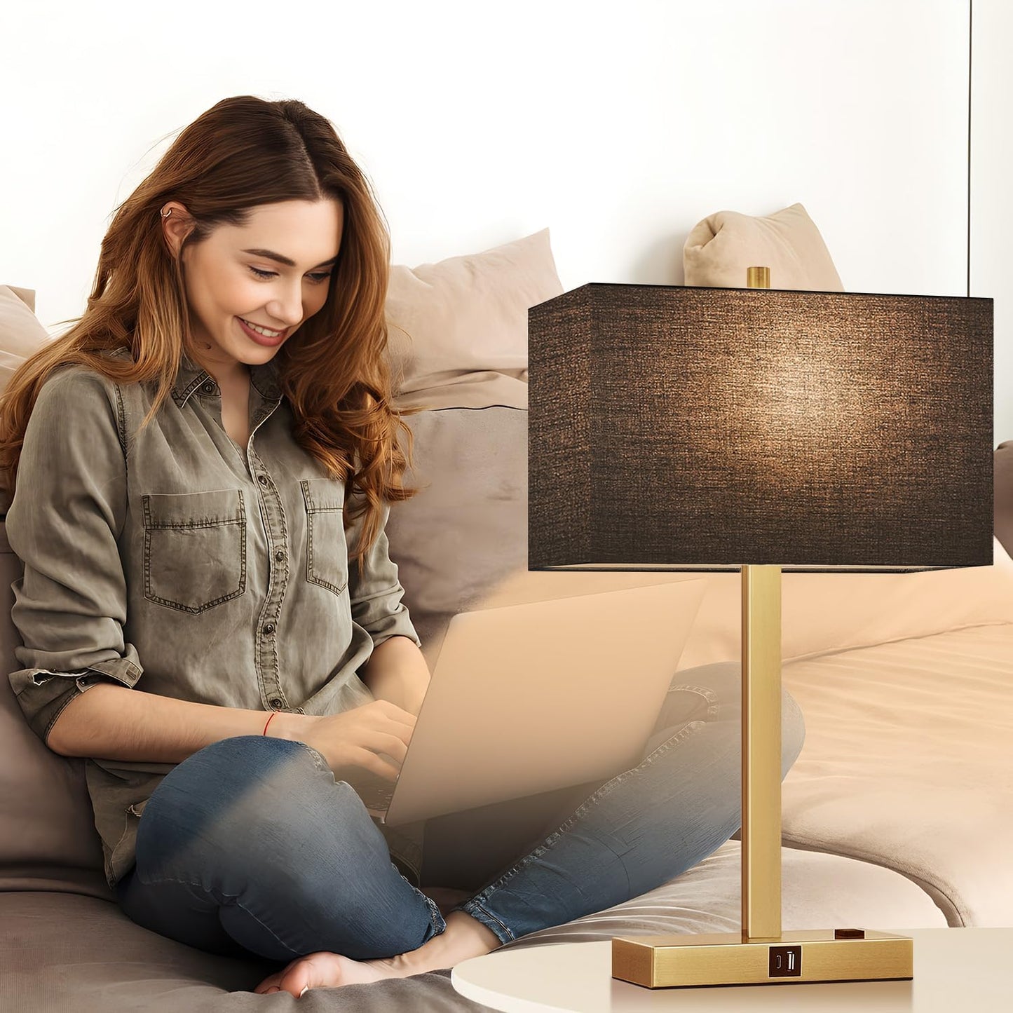 21" Touch Bedside lamps with 2 USB & AC Outlets, 3-Way Dimmable Bedside Table Lamps Set of 2 for Bedroom Living Room Office Reading, Gray Shade Lamps for Night Stands, 5000K LED Bulbs Included
