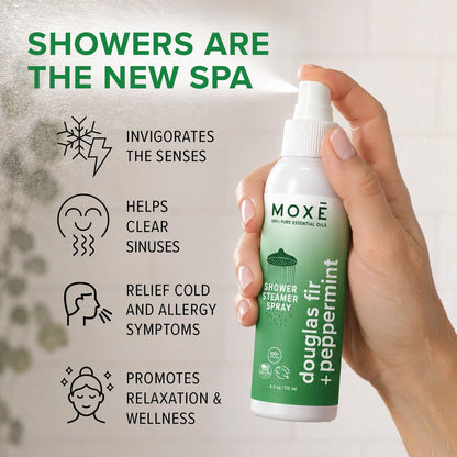 MOXĒ Eucalyptus Oil Shower Mist, Spa Steam Spray, Certified Natural 100% Essential Oils, Made in USA, Aromatherapy, Sinus Congestion Relief, Tension Relief, 4 Ounces