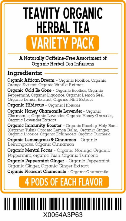 Teavity 9 Blend Organic Herbal Tea Pods Variety Pack,. 9 Assorted Flavors, Single Serve Decaf Tea Pods - 100% Gourmet Blended Leaves, Compatible with Keurig K Cups Brewer