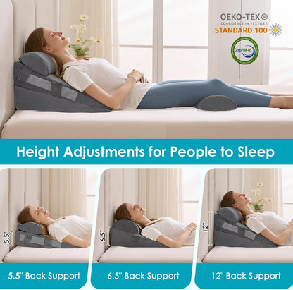 3Pcs Wedge Pillow Set for After Surgery,Acid Reflux Relief, Adjustable Bed Wedge Pillows for Sleeping,Anti Snore, Memory Foam Triangle Pillow for Back&Neck&Shoulder Pain Relief, White&Grey