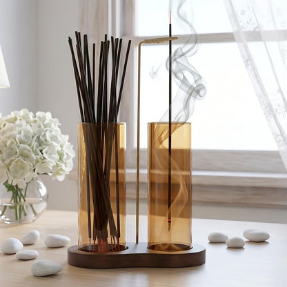 2 in 1 Anti-Ash Incense Holder for Sticks, Upside Down Hanging Incense Burner with Removable Glass Ash Catcher and Wooden Base, Modern Vertical Zen Decor for Home Office Yoga Meditation Room（Clear）