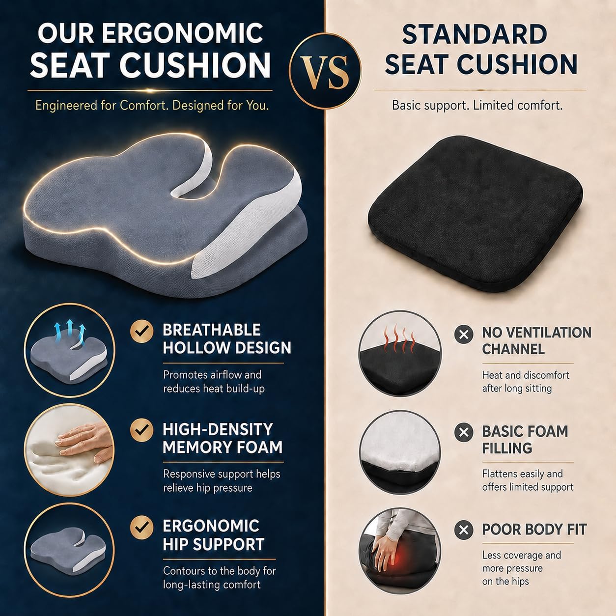 Seat Cushions for Office Chairs Wheelchair Cushion for Long Sitting Back Pain，Memory Foam Seat Car Computer Desk Chair Cushion，Coccyx Cushion for Tailbone Pain Relief Cushion Office Chair Black