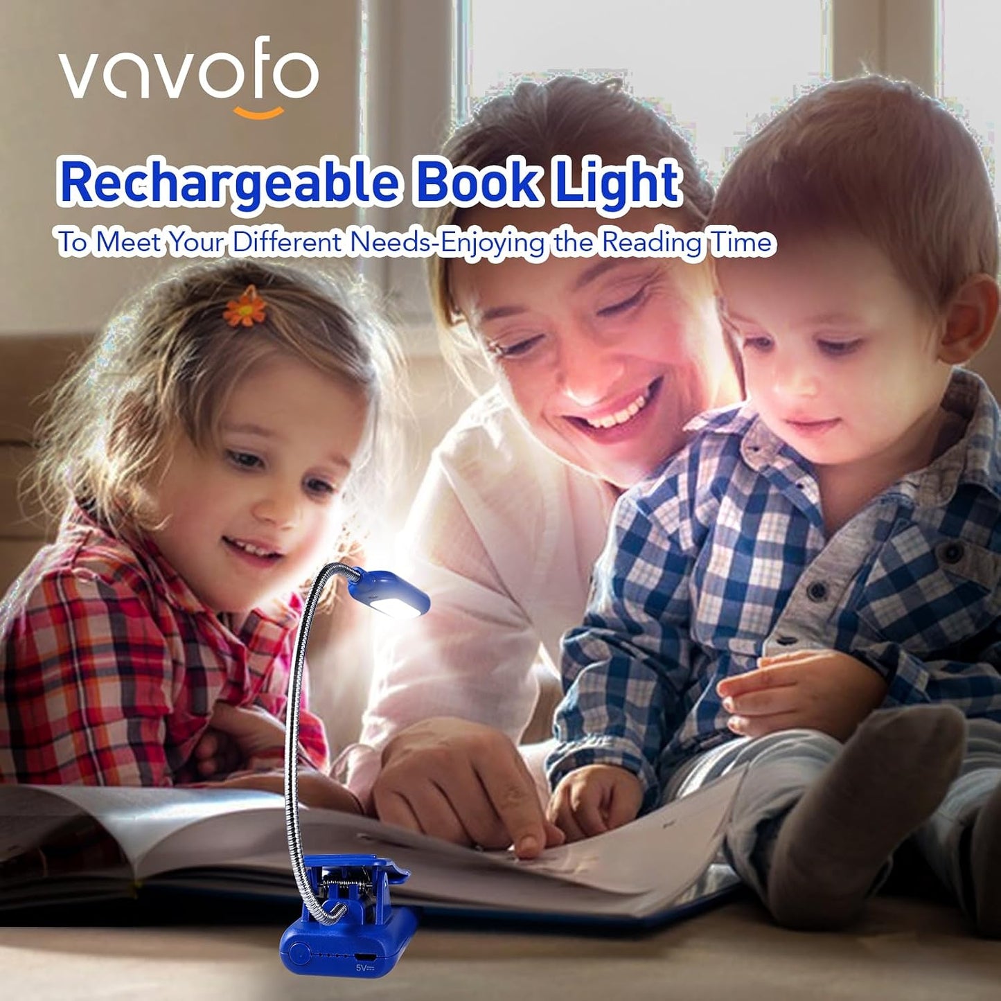 VAVOFO Clip On Book Light for Bed Kids, 7 LED Reading Light with 9-Level Warm Cool White Daylight, Eye Care Lamp with Power Indicator for Bookworms (Blue)