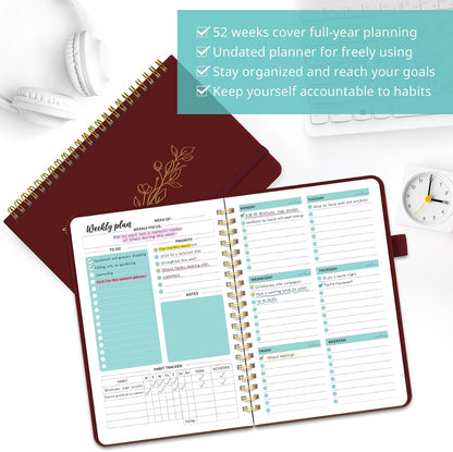 Taja Undated Weekly Planner, Weekly To Do List Notebook with Goal & Habit Tracker Organizer, A5 Weekly Planner Notebook with Spiral Binding, 6.1" x 8.2" - Green