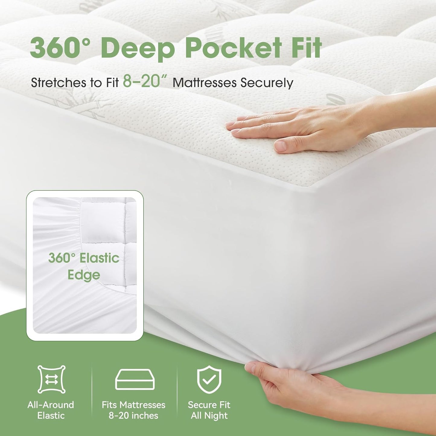 Mattress Pad Queen Size, Cooling Pillow Top Mattress Topper, Ultra Soft Viscose Made from Bamboo, Breathable for Hot Sleepers, Deep Pocket 8"-20", Green
