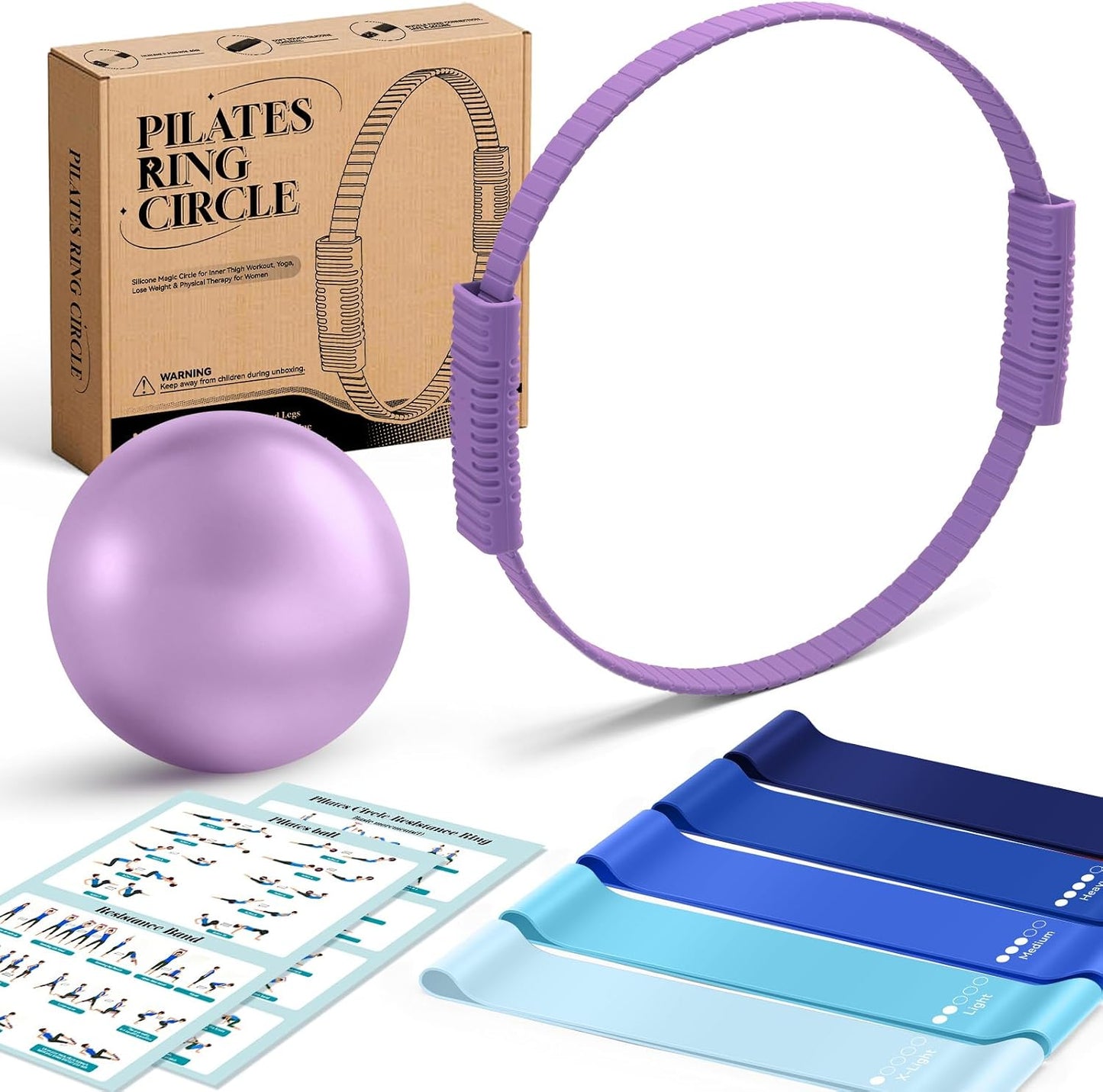 Pilates Kit, 13.5 Inch Magic Circle Ring with Core Ball and 5-Level Resistance Bands for Stretching, Toning & Full Body, Home Workout Pilates Equipment
