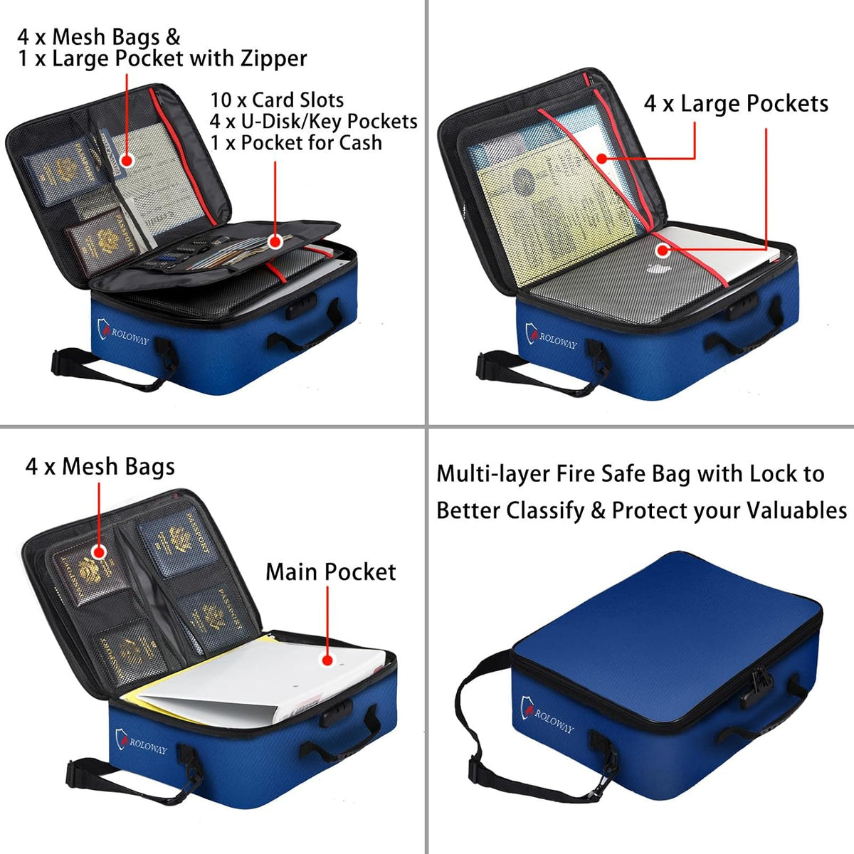 ROLOWAY 5200°F Fireproof Document Bag with Lock (17 x 12.3 x 5.3 inch), Upgraded Heat Insulated Fireproof Bag with Multi-Layer File Organizers, Important Document Storage for Home Safe