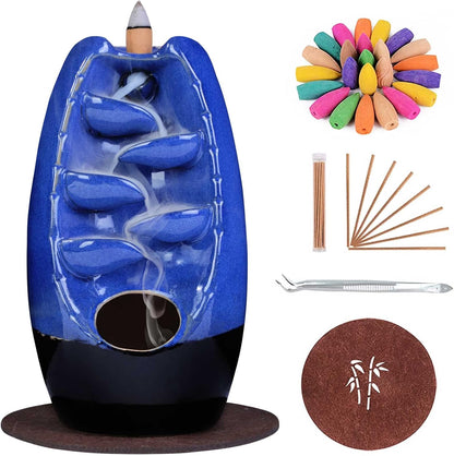 SPACEKEEPER Ceramic Backflow Incense Holder Waterfall Incense Burner, Blue