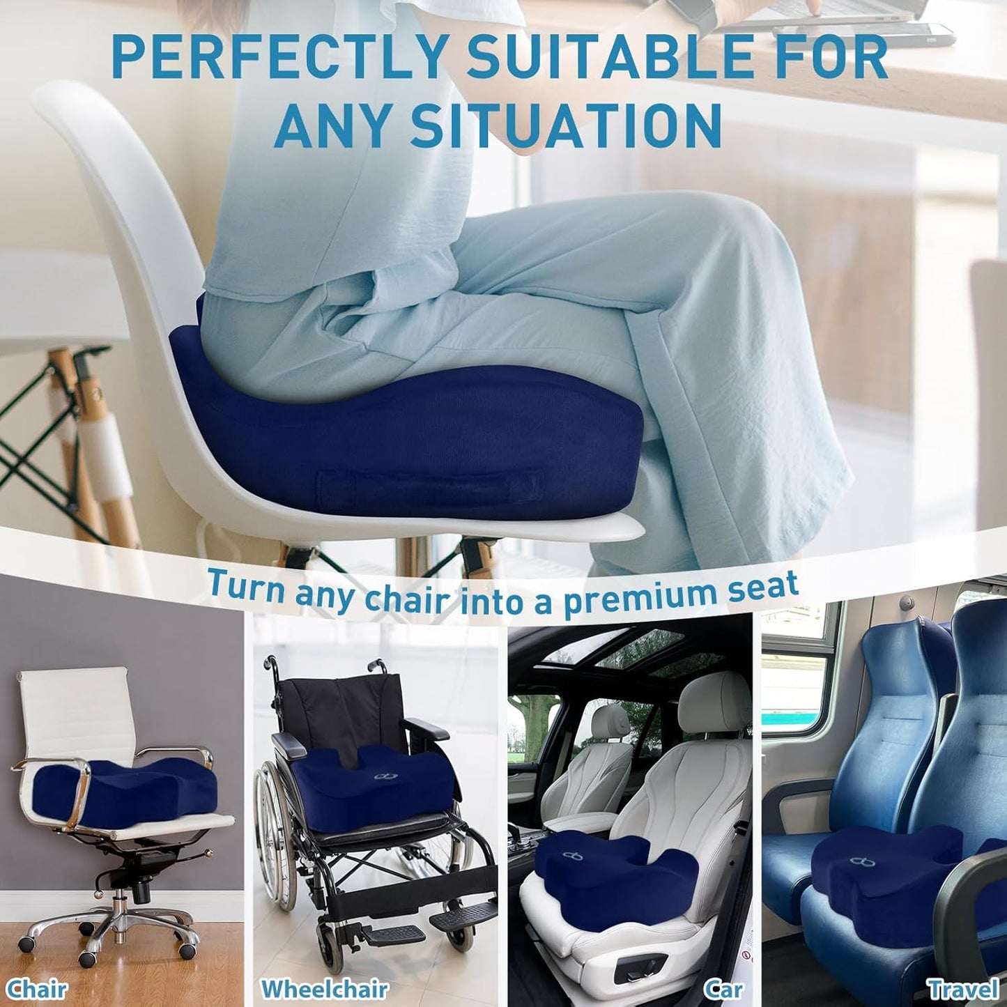 BlissTrends Seat Cushion with Velvet Cover, Thick Memory Foam Cushions for Office Chair, Car Seat, Airplane, Relieving Pressure Tailbone Sciatica Back Pain for Long Sitting, Car Drivers 4.7in Black