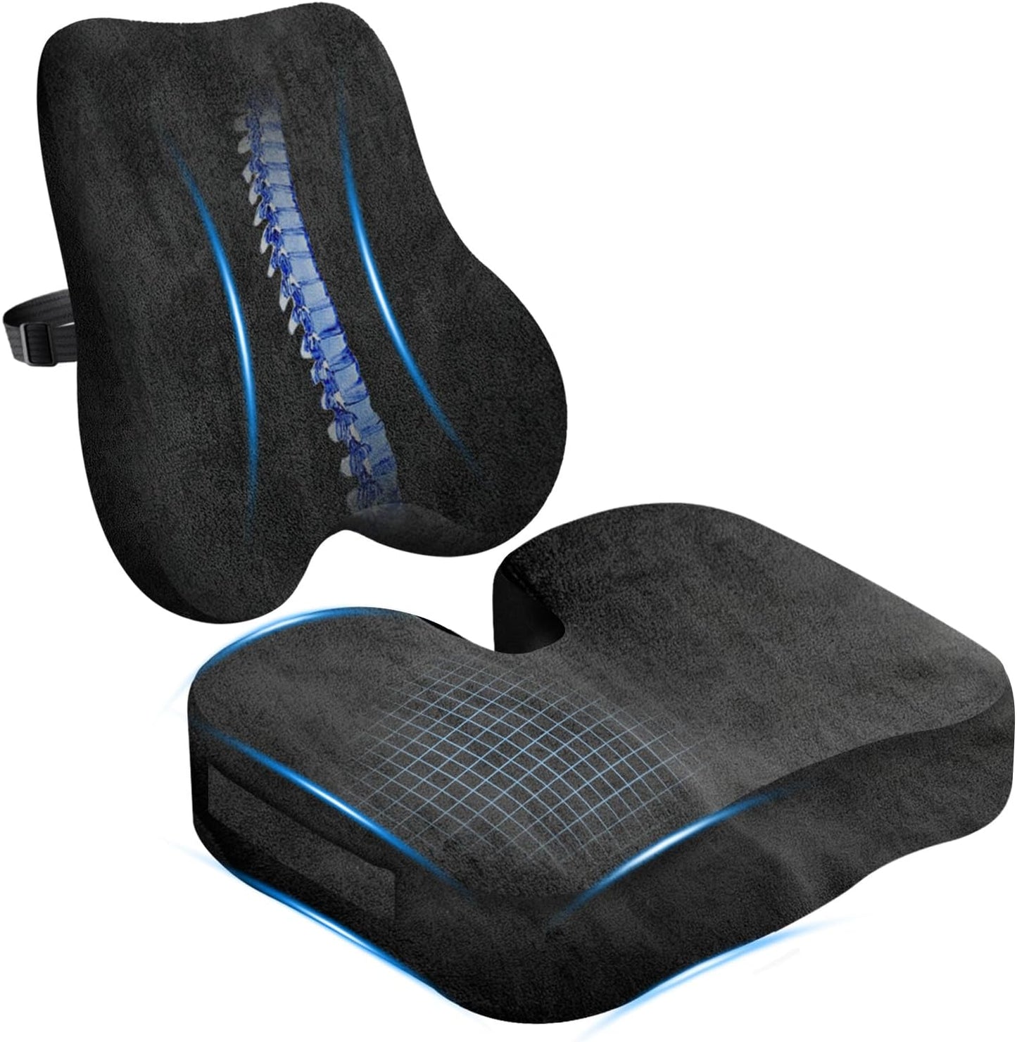 Gel Seat Cushion & Lumbar Support Pillow Set, Cooling Memory Foam for Tailbone & Sciatica Pain Relief, Ergonomic Office Chair Cushion with Breathable Mesh Cover for Car, Home, Wheelchair (Black)