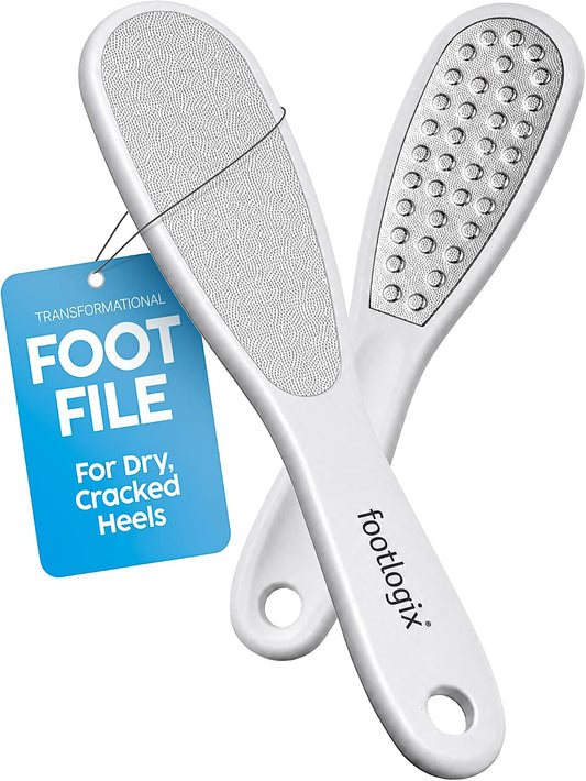 Footlogix Double-Sided Stainless Steel Foot File with Rubberized Handle – Coarse & Fine Grit Foot Exfoliator for Dry, Rough Skin | Professional Pedicure Tool | Lightweight, Easy to Clean