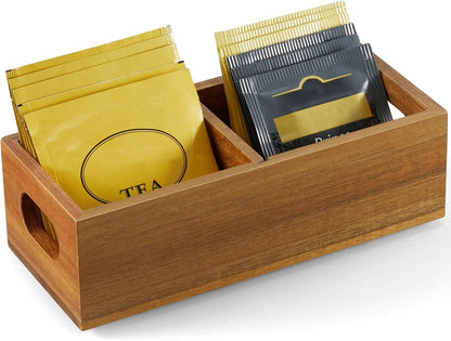 DRASTAR Tea Bag Organizer, Acacia Tea Bag Holder, Tea Storage Containers with 3 Slots, Wooden Tea Storage Accessories, Mini Tea Bag Caddy Box for Countertop