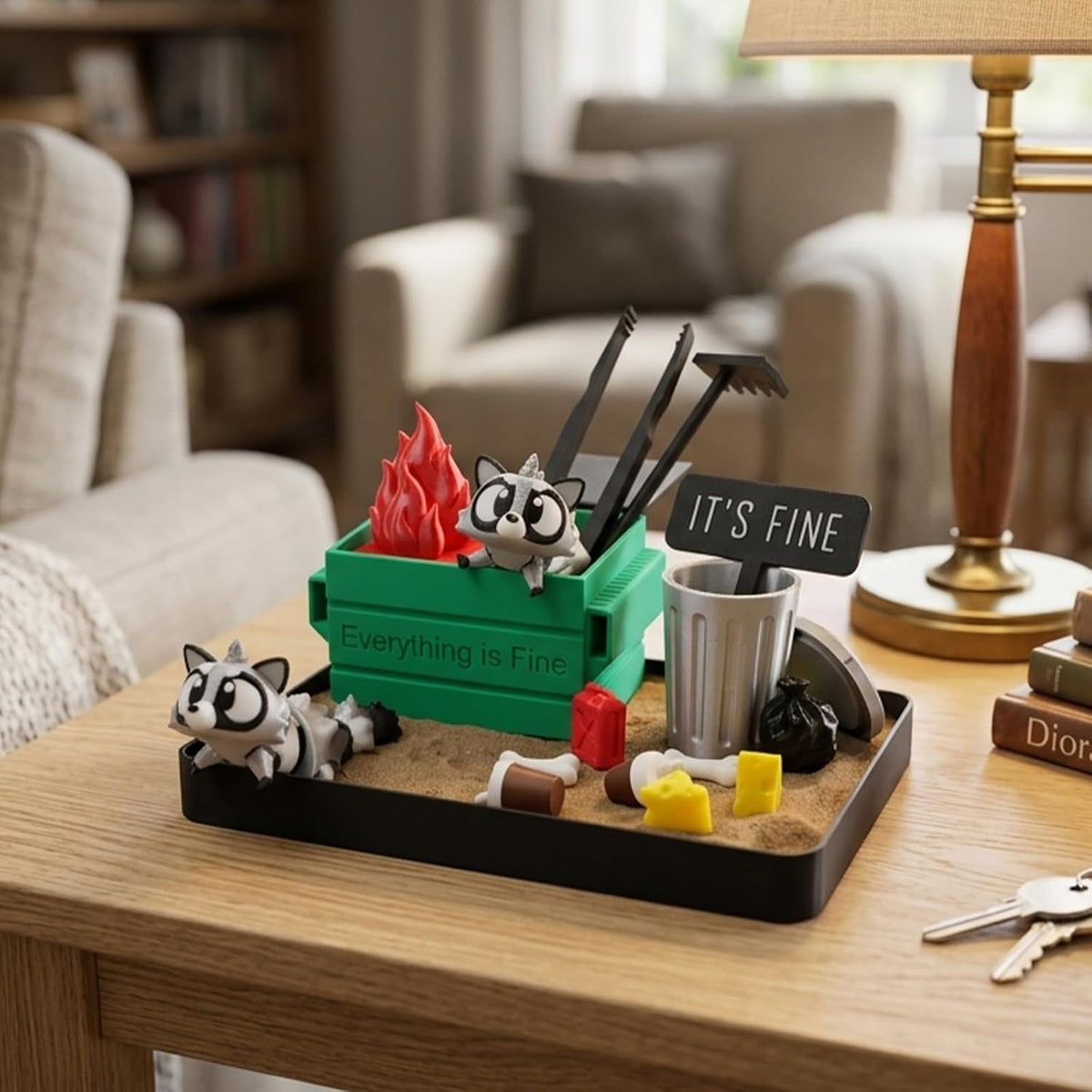 Dumpster Fire Zen Garden for Desk, Mini Sand Art Kit with Raccoons