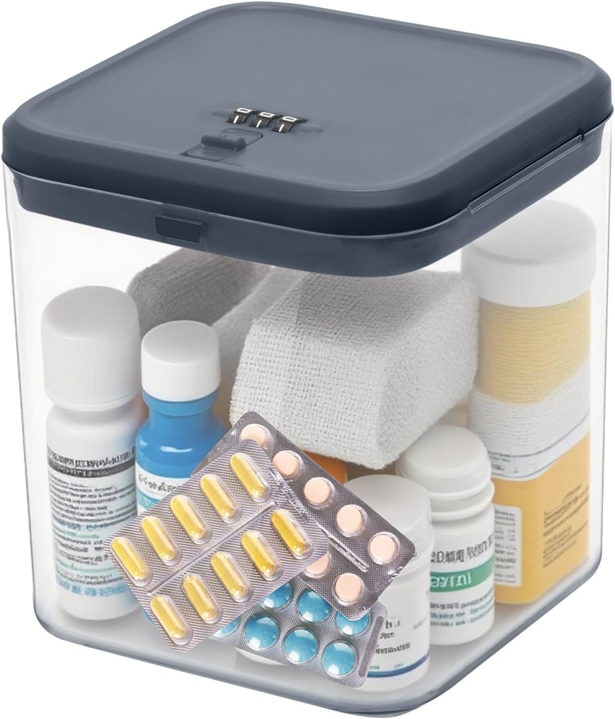 2 Pack Large Medication Lock Box with Code, Clear Lockable Storage Box for Refrigerator, Cabinet & Dorm, Stackable Medicine Box for Prescriptions, Snacks, Phone, 11.9" x 9.3" x 7.6", Black