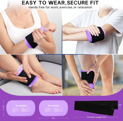 Ice Packs for Injuries Reusable Gel 2 Hot Cold Compress Therapy Pack with Adjustable Strap Soft Ice Wraps for Ankle Knee Leg Neck Shoulder Wrist Feet Back Pain Relief (Purple, Medium 10 x 5.5 Inch)