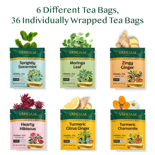 VAHDAM, Assorted Herbal Tea Gift Set (36 Tea Bags, 6 Flavors) Caffeine-Free, Non-GMO | Double Infusion, Individually Enveloped Tea Bags | Herbal Tea variety Pack | Tea Gifts for Women & Men