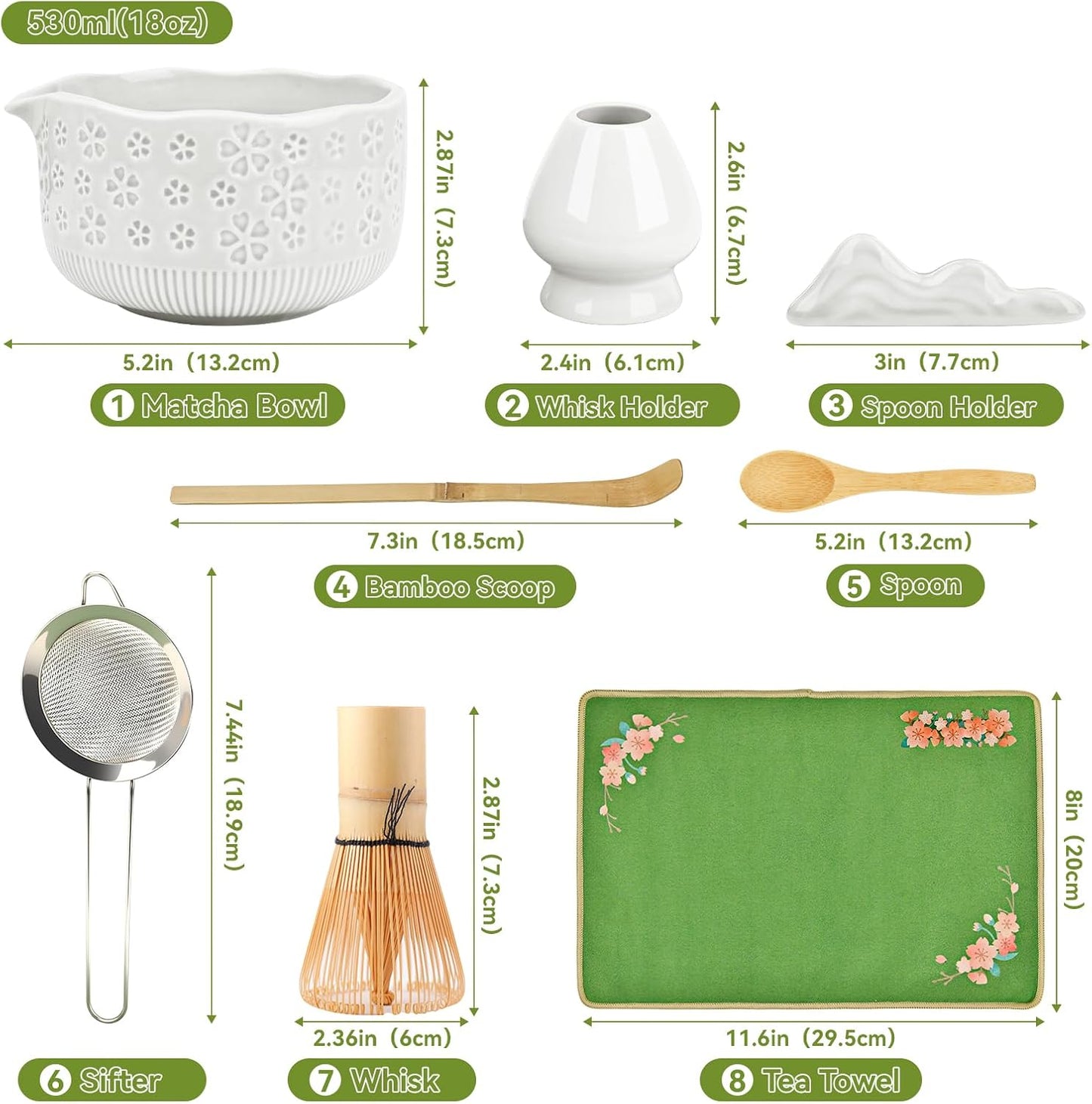 Matcha Whisk Set, 7 Pcs Matcha Making Kit with Matcha Bowl, Matcha Whisk and Holder, Bamboo Scoop, Scoop Rest, Sifter and Tea Towel，Gifts for Christmas Birthday