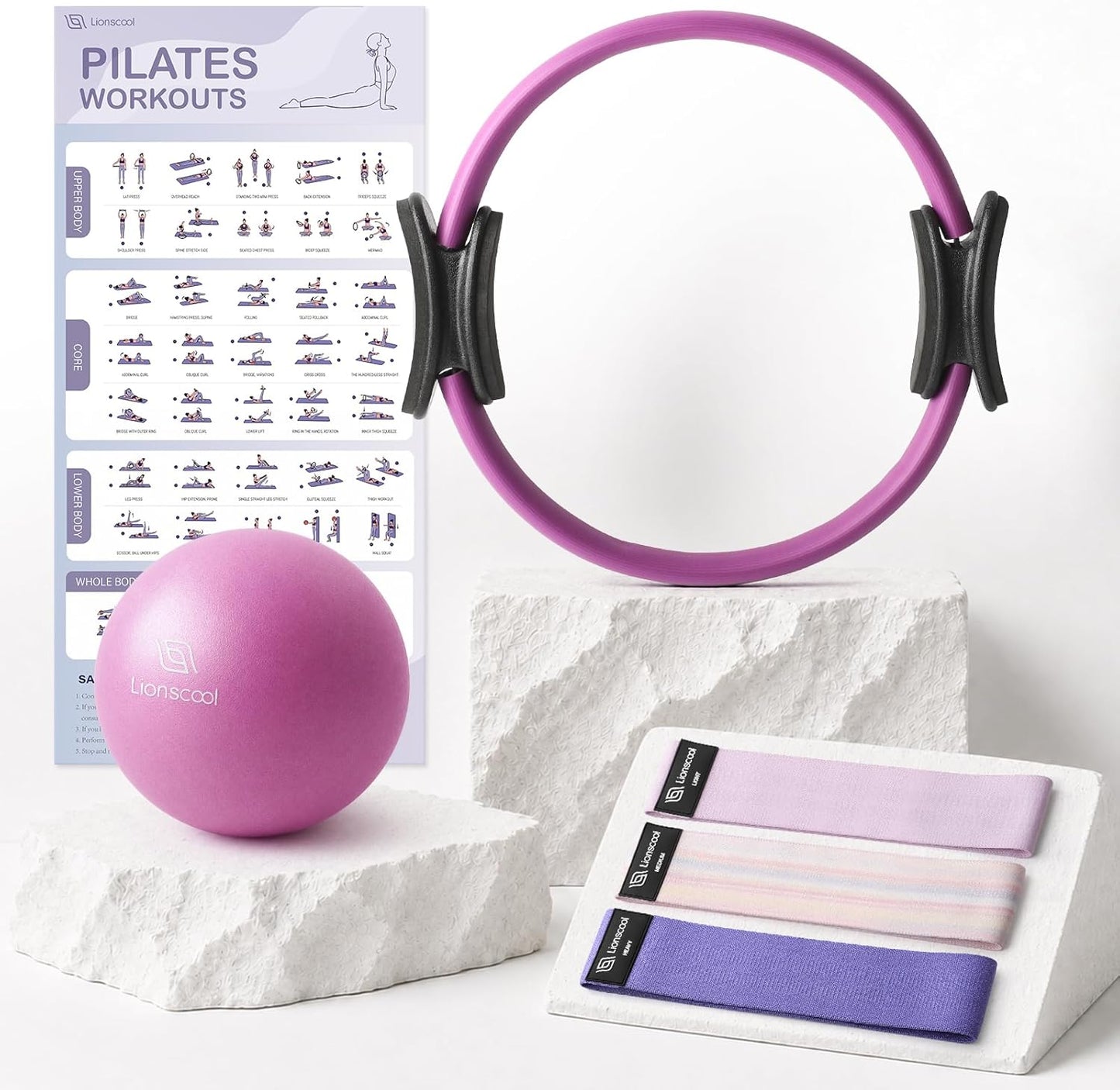 LIONSCOOL Pilates Ring Set – 14" Anti-Deformation Magic Circle with Padded Handles, Mini Ball, Resistance Bands, Guide & Bag