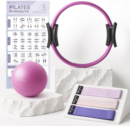 LIONSCOOL Pilates Ring Set – 14" Anti-Deformation Magic Circle with Padded Handles, Mini Ball, Resistance Bands, Guide & Bag