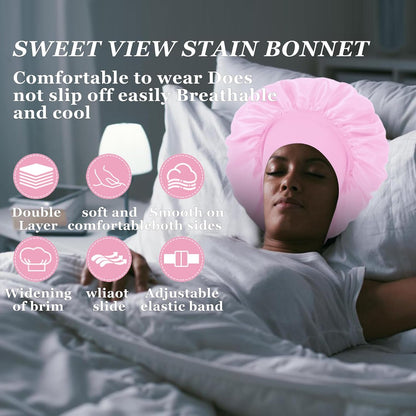 4PCS Silk Satin Bonnets for Black Women & Men - Elastic Wide Band Hair Wrap Cap for Curly Hair - Shower Cap for Sleeping (Black, Peacock Blue, Pink, Khaki)
